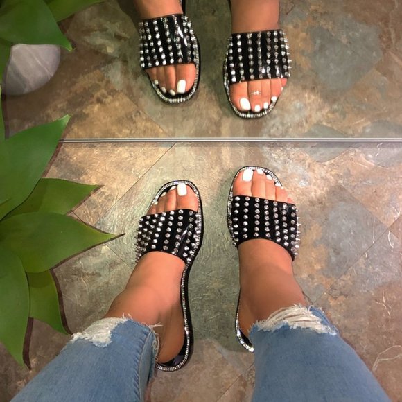 NEW🔥 Silver Spike Studded Rhinestone Trim Open Toe Slide Jelly Flat Sandals - Picture 2 of 5